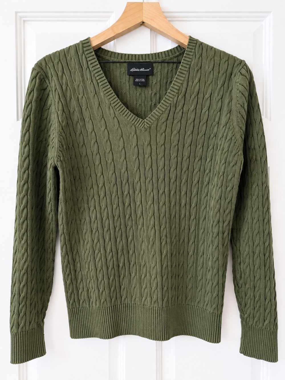Eddie Bauer 100% Cotton Olive Green Cable Knit V-Neck Fishmerman Sweater